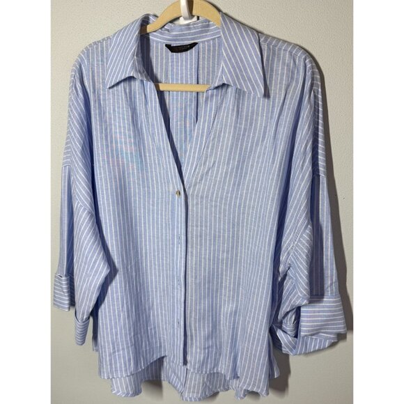 Zara Womens Pinstripe Button Up Large Oversized Linen Preppy Effortless Refined - Picture 1 of 12